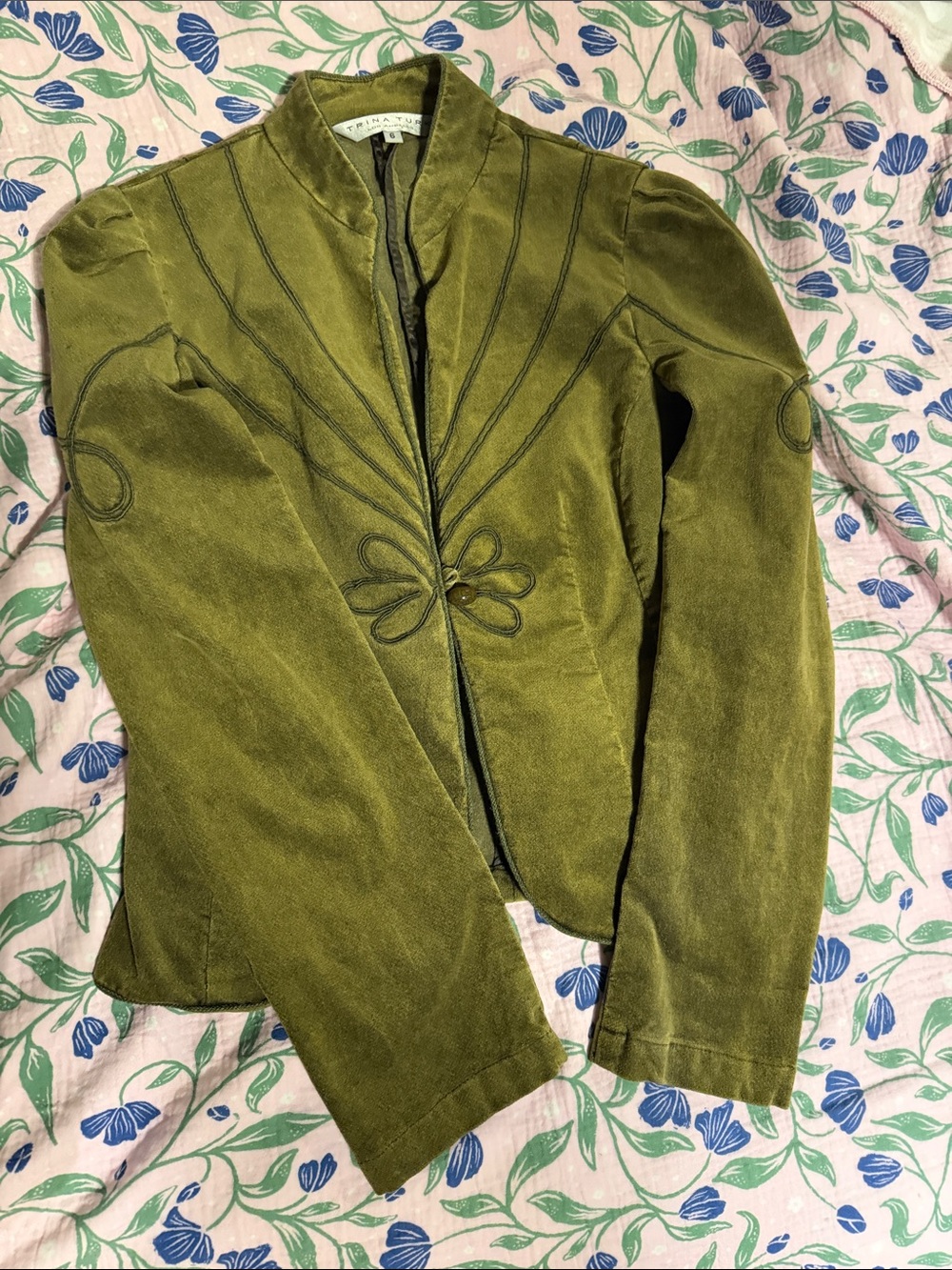 Trina Turk Olive Green Velvet Embroidered Blazer